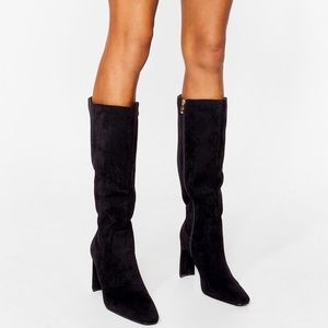 Black Faux Suede Heeled Calf Boots